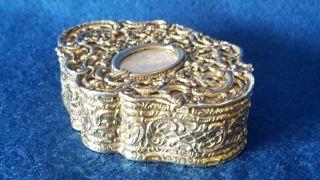 Small Antique Gilded Box W Pierced Sterling Silver & Mop Lid & Miniature 54g