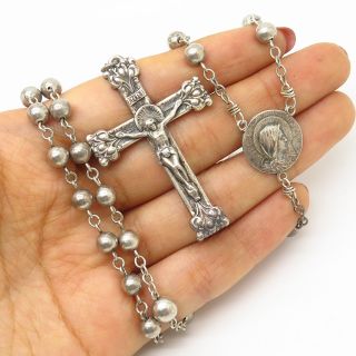 Antique 925 Sterling Silver Crucifix Cross Bead Chain Rosary Necklace 28 "