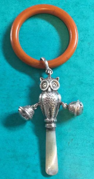 Solid Silver Owl Babies Rattle And Teether With Silver Bells.  B’ham 1931.  A 578.