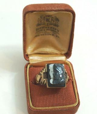 Vintage Mens 10k Gold Ring Intaglio Cameo Centurion Soldier Onyx Size 11 Ring
