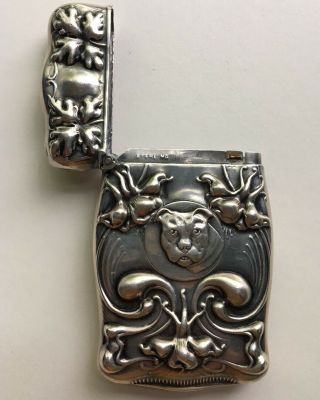 Art Nouveau Antique Match Safe Sterling Silver Water Lillies Dog Victorian Ss