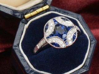 Antique Blue Round Diamond 14k White Gold Over Sapphire Art Deco Engagement Ring