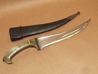 Vintage Jade Handle Arched Dagger Knife W/ Hard Leather Sheath 12 Inches Long