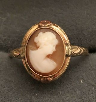 Antique Seco Shell Carved Cameo In 10k Yellow Gold Ring - Size 7