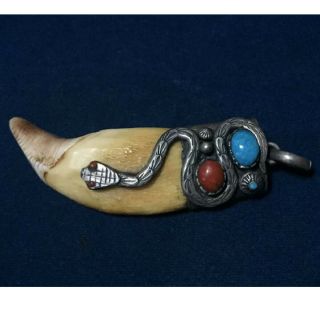 Very Cool Antique Bear Tooth Pendant Sterling Silver With Turquoise And Coral