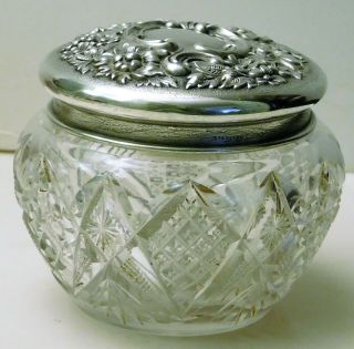 Sterling Silver Cut Glass Dresser Powder Vanity Jar 4 " Wide,  3.  5 " High
