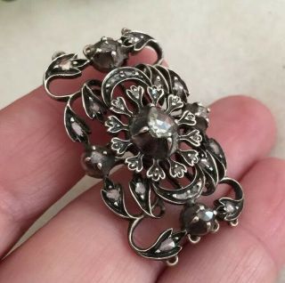 Antique Georgian French Sterling Silver Rose Cut Diamond Moon Floral Pendant Pin