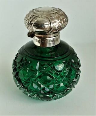 Silver Topped Perfume Bottle,  Birmingham 2001,  Green Cut Glass,  With Stopper.