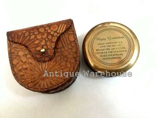 Collectible Nautical Lover Antique Brass Pocket Compass With Leather Case Gift
