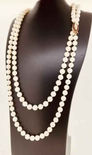 Vintage Long Garnets & Cultured Pearls Double Chain Necklace 14k White Gold Over