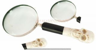 Antique Vintage Style Brass Magnifying Glass Magnifier Skull Handle