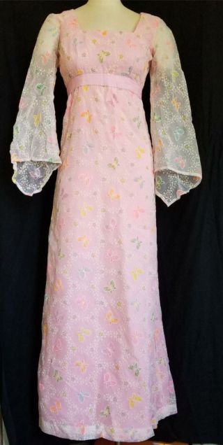 Vintage Sz Xs Sheer Flocked Butterfly Fabric Pink Maxi Dress