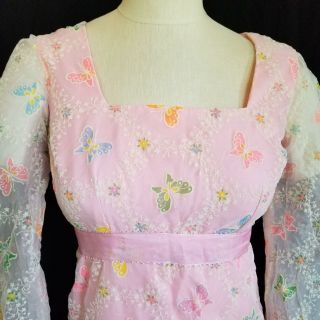 Vintage Sz XS Sheer Flocked Butterfly Fabric Pink Maxi Dress 5