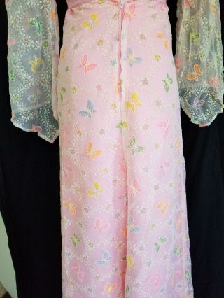 Vintage Sz XS Sheer Flocked Butterfly Fabric Pink Maxi Dress 6