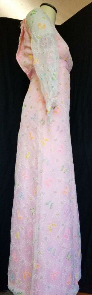Vintage Sz XS Sheer Flocked Butterfly Fabric Pink Maxi Dress 7