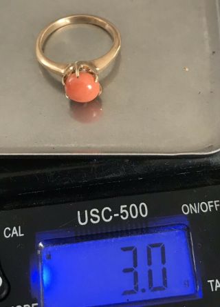 Antique Victorian 14k Gold Natural Coral Cabochon Ring 6