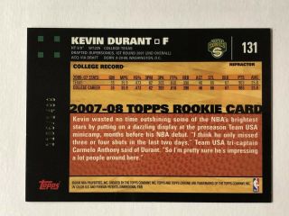Kevin Durant RC 2007 - 08 Topps Chrome REFRACTOR Rookie Card 131 SP/1499 RARE 6