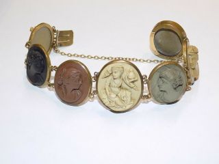 Antique Victorian Gold Filled High Relief Multi Color Lava Cameo Bracelet