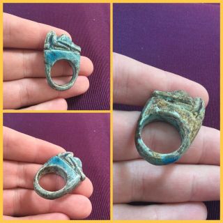 Rare Ancient Egyptian Blue Bird Amulet Ring,  300 Bc