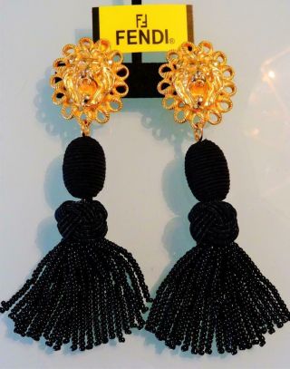 Vtg 80s Fendi Italy Exotic Gold Lion Head Onyx Glass Tassel 4.  6 " Runway Earrings