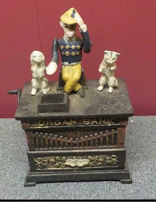 Cast Iron Organ Mechanical Bank Monkey With Cat & Dog Coin Bank Vintage