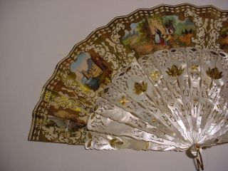 19th C.  FRENCH MOP & PAPER FAN w/Gilded Silver Inlaid and Box. 10