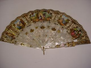 19th C.  FRENCH MOP & PAPER FAN w/Gilded Silver Inlaid and Box. 11