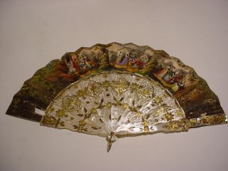 19th C.  French Mop & Paper Fan W/gilded Silver Inlaid And Box.