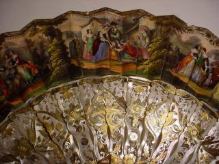 19th C.  FRENCH MOP & PAPER FAN w/Gilded Silver Inlaid and Box. 2