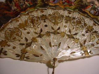 19th C.  FRENCH MOP & PAPER FAN w/Gilded Silver Inlaid and Box. 3