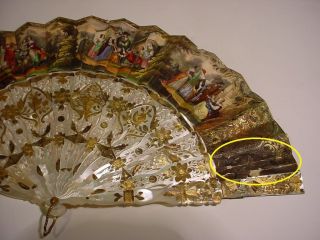 19th C.  FRENCH MOP & PAPER FAN w/Gilded Silver Inlaid and Box. 4