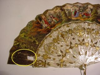 19th C.  FRENCH MOP & PAPER FAN w/Gilded Silver Inlaid and Box. 5