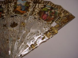 19th C.  FRENCH MOP & PAPER FAN w/Gilded Silver Inlaid and Box. 7