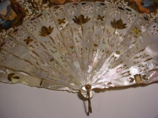 19th C.  FRENCH MOP & PAPER FAN w/Gilded Silver Inlaid and Box. 8