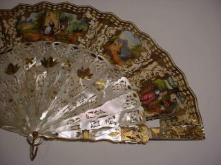 19th C.  FRENCH MOP & PAPER FAN w/Gilded Silver Inlaid and Box. 9