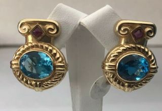 Ladies 14k Yellow Gold Earrings Oval Blue Topaz & Ruby Vintage 8.  9 Grams