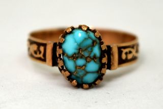Antique Victorian 10k Solid Rose Gold And Persian Turquoise Ring Size 7.  5