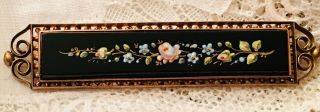 Antique Hand Painted Onyx Enamel Rose Gold Gilt Floral Victorian Brooch Pin