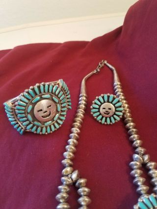 Vintage Navajo Turquoise and Sterling Silver Sunface Kachina Squash blossom set 3