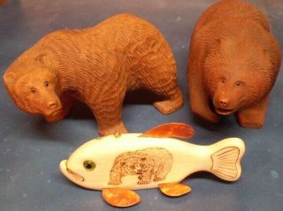 Jay Mcevers Fish Decoy Lure Grizzly Bear Scrimshaw Style Folk Art Wood Rod Ice