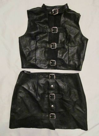Vintage Leather Straps Buckles Sexy Vamp Goth Dom Top And Mini Skirt Set M