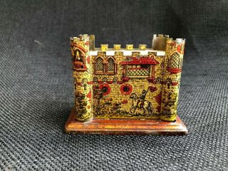 Rare Antique German Tin Litho Medieval Castle With Knight Horse Still Coin Bank