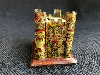 RARE Antique German Tin Litho Medieval Castle with Knight Horse Still Coin Bank 2