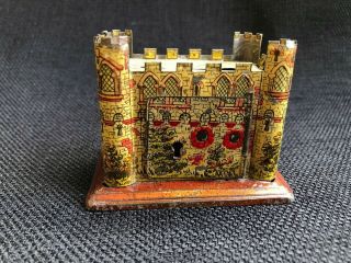 RARE Antique German Tin Litho Medieval Castle with Knight Horse Still Coin Bank 3