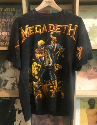 Vintage Megadeth Og All Over Print T Shirt Wild Oats Size L 1991 Rock Band Merch
