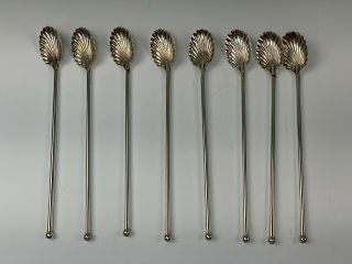 Set 8 Sterling Silver 8 - 1/2 " Fluted Bowl Straw Spoons