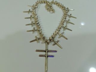289 Grams Vintage Navajo Sand Cast Sterling Silver Cross Squash Blossom Necklace
