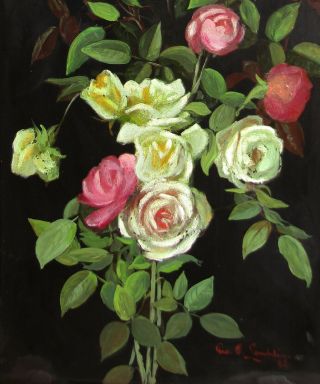 LISTED George Lambdin Still Life of Roses Large Old Antique Oil Painting NO RES. 4