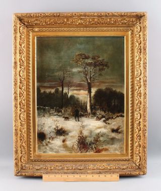 19thc Antique Folk Art Winter Snow Landscape,  Man & Dog Oil Painting Gilt Frame