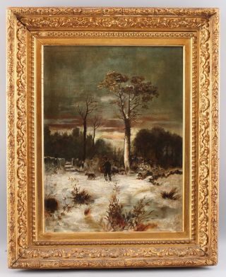 19thC Antique Folk Art Winter Snow Landscape,  Man & Dog Oil Painting Gilt Frame 2